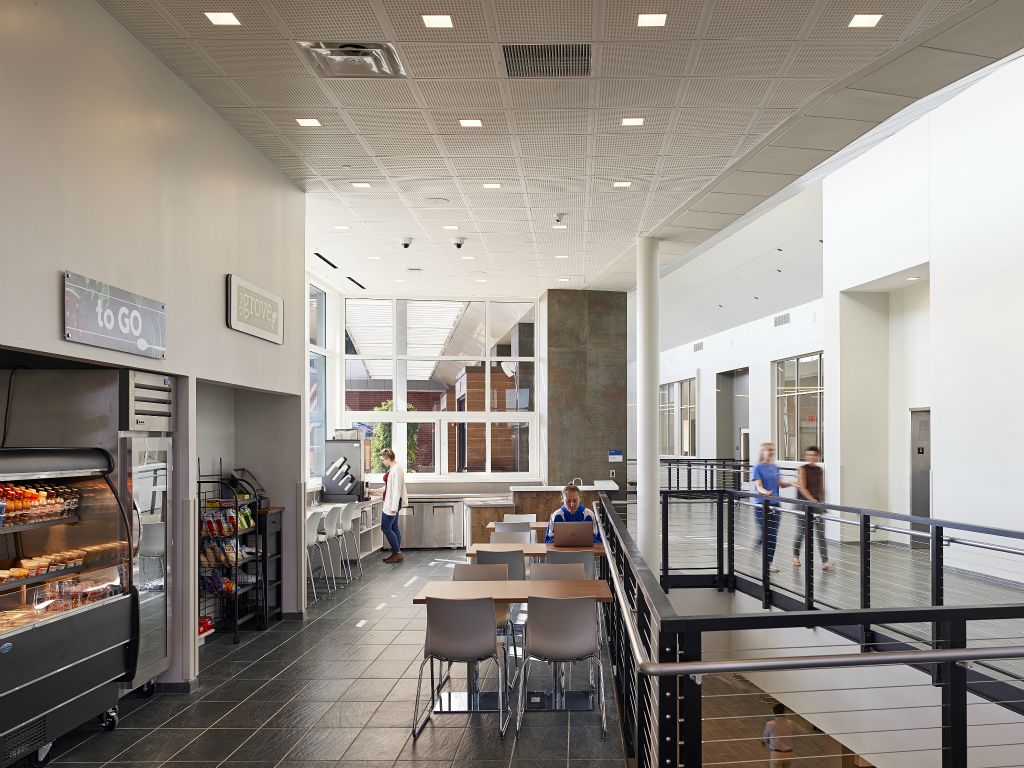 The second floor includes a snack area and study spaces